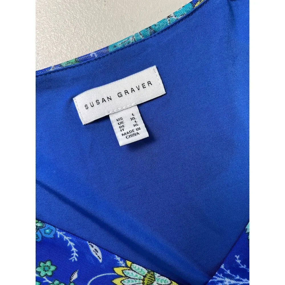 QVC Susan Graver Printed Mesh V-Neck 3/4 Sleeve Tiered Dress NWOT SIZE L LAPIS - Picture 5 of 9